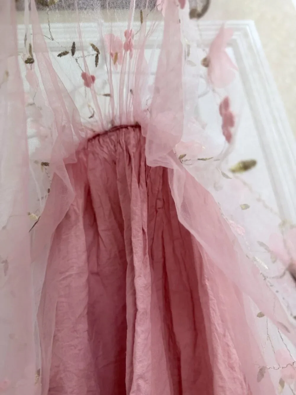 Pink Floral Embroidered Tulle Dress Girls Toddler Fairy Princess Cottagecore